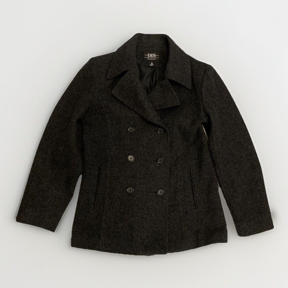 B Moss Women's Small Gray Wool Blend Double Breasted Peacoat Winter Coat Classic